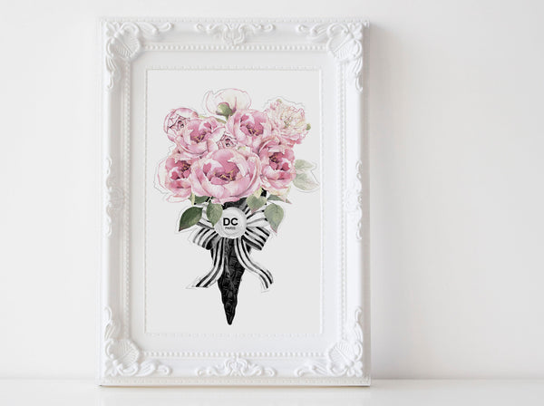 Fashion ice cream wall art poster, black and white wall art poster with pink peonies