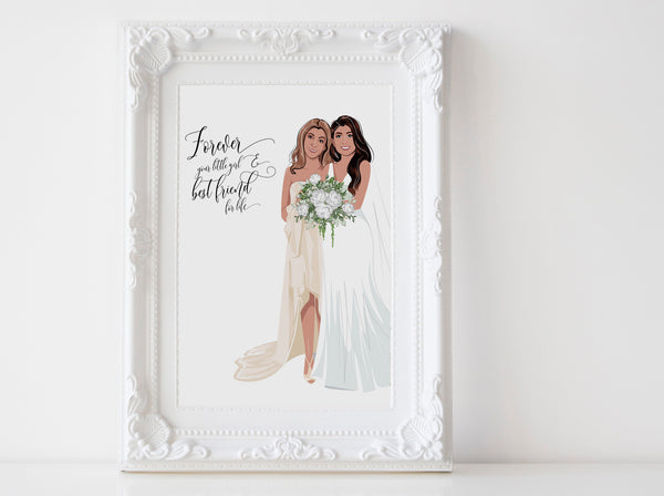 Personalized Mother and daughter wedding illustration: full body white background