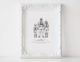 Personalized family illustration | Wall Art Portrait | Baseball Black and white