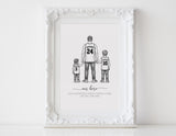 Personalized family illustration | Wall Art Portrait | Basketball Black and white