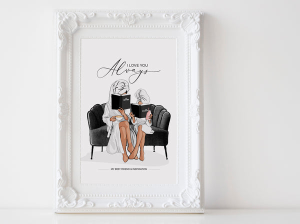 Fashion Wall art: Mother and Daughter illustration reading Printable
