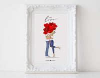 Personalized Couple illustration: Standing white background love heart balloons