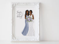 Personalized Mother and daughter wedding illustration: full body white background
