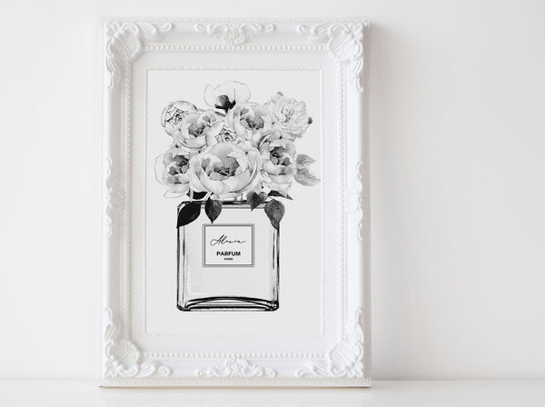 Perfume bottle Fashion wall art poster with Peonies, Black and white sketch