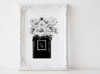 Black Perfume bottle Fashion wall art poster with Peonies, peonies, black and white