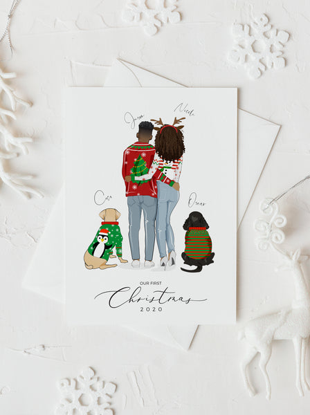 Personalized couple Christmas sweater with their furies illustration