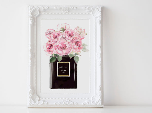 Black Perfume bottle Fashion wall art poster with Peonies, Pink peonie –  Pretty Timely LLC